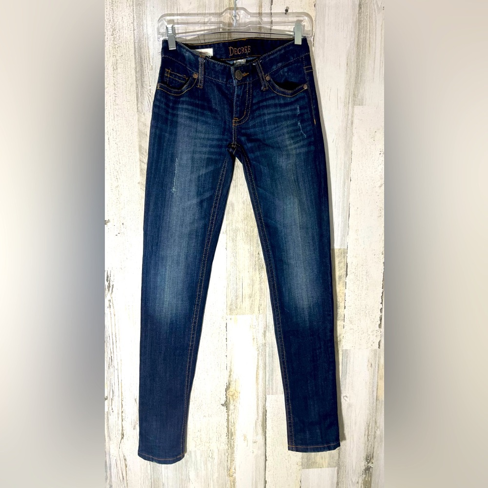 Decree Jeans Dark Blue Ultra Low-Rise Super Skinny Distressed Decorative Pockets